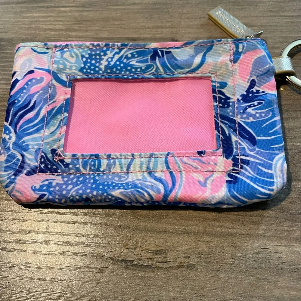 Lilly Pulitzer zip Close top blue pink floral ID pouch w logo Key ring 5.5 x 3.5